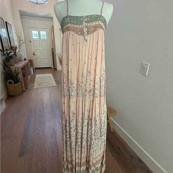 in loom Dresses & Skirts - Ruffled Pink Floral Maxi Dress with Smocked Green Waistband
